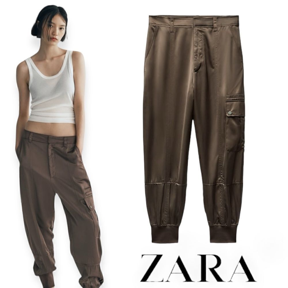 ZARA Satin Effect Cargo Jogger Pants Khaki Brown NWT XS